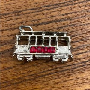 Vintage Trolley Cable Car Pendant Silver Tone With Red Rhinestones Double-Sided